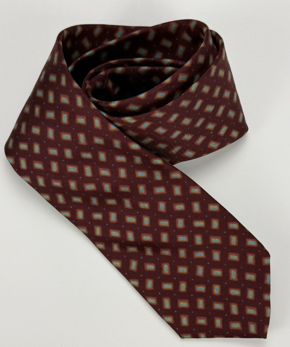 Hugo Boss Tie Mens Silk Brown Geometric Diamond Medallion Made In Italy
